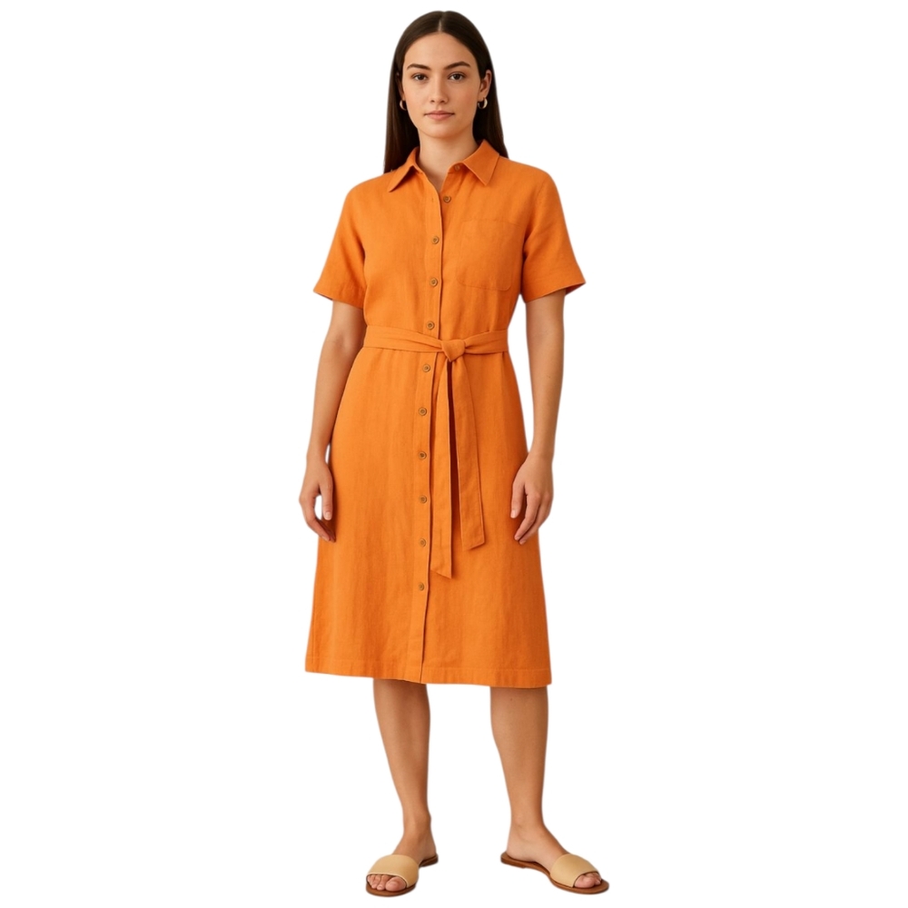 PEOPLE TREE Leanora 100% linen midi button front‎ shirt dress in orange size 6